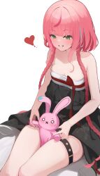 1218_haruru 1girl absurdres bare_arms bare_shoulders belt black_dress braid breasts dress green_eyes grin hanako_nana heart highres korean_clothes long_hair looking_down multicolored_hair pink_hair sitting small_breasts smile solo stellive strapless strapless_dress streaked_hair stuffed_animal stuffed_rabbit stuffed_toy thigh_belt thigh_strap thighs twin_braids very_long_hair virtual_youtuber