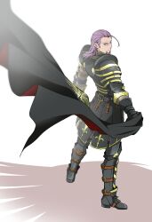 1boy aqua_eyes armor black_armor black_cape cape commentary dragon_quest dragon_quest_xi facial_hair from_above full_body gold_trim greaves greig_(dq11) hair_slicked_back highres holding holding_unworn_cape holding_unworn_clothes knight long_hair looking_at_viewer looking_back looking_up male_focus mature_male myukom purple_facial_hair purple_hair red_cape rerebrace single_bang soldier solo two-sided_cape two-sided_fabric unworn_cape vambraces