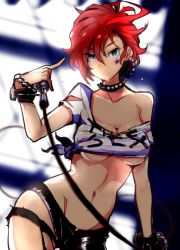 10s 1girl bare_shoulders blue_eyes breasts cleavage collar earrings facial_tattoo groin idolmaster idolmaster_million_live! jewelry julia_(idolmaster) microphone midriff navel off_shoulder red_hair shirt shirt_slip shoohee shorts spiked_collar spikes sweat tattoo tied_shirt torn_clothes torn_shorts underboob