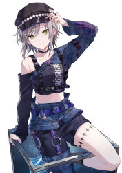 1girl absurdres arm_up bare_shoulders belt black_choker black_hat black_shirt black_shorts choker closed_mouth crop_top green_eyes grey_hair hat highres hinomori_shiho long_sleeves midriff off_shoulder peaked_cap project_sekai shirt short_hair shorts simple_background sitting smile solo thighs timmoo white_background
