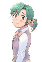 Rule 34 | 1girl, bow, bowtie, brown eyes, from side, green hair, hatsuseno alpha, looking at viewer, ponytail, purple vest, red bow, red bowtie, shirt, simple background, solo, tsubobot, vest, white background, white shirt, yokohama kaidashi kikou