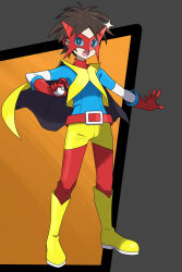 1boy asatsuki_(fgfff) belt bodysuit boots bright_pupils brown_hair cape commentary_request full_body glint gloves highres holding holding_poke_ball male_focus mask nate_(pokemon) nintendo open_mouth outstretched_arm poke_ball poke_ball_(basic) pokemon pokemon_bw2 pokestar_studios red_belt red_gloves short_hair solo spread_fingers standing teeth tongue vest yellow_boots yellow_cape yellow_vest