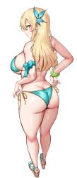 1girl absurdres agetama ass back bikini blonde_hair blue_bikini blue_eyes blue_ribbon boku_wa_tomodachi_ga_sukunai breasts butt_crack curvy full_body hair_ornament highres huge_ass kashiwazaki_sena large_breasts legs long_hair looking_at_viewer looking_back ribbon side-tie_bikini_bottom sideboob solo standing swimsuit thighs white_background wide_hips wristband