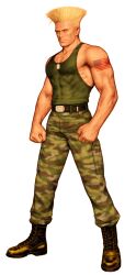 1boy absurdres american_flag american_flag_tattoo belt black_boots blonde_hair boots camouflage camouflage_pants capcom_vs_snk clenched_hands dog_tags flattop full_body game_cg guile highres looking_to_the_side male_focus mori_toshiaki muscular muscular_male non-web_source official_art pants simple_background smile solo squinting standing street_fighter tank_top tattoo veins veiny_arms white_background