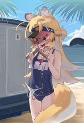 1girl absurdres animal_ears beach bikini blonde_hair blue_bikini blue_one-piece_swimsuit blue_sky blush clothes_hanger commentary day erifan0 fang flat_chest green_eyes highres holding holding_clothes_hanger ju_fufu loli long_hair ocean one-piece_swimsuit open_mouth outdoors school_swimsuit side-tie_bikini_bottom skin_fang sky solo striped_bikini striped_clothes swimsuit symbol-only_commentary tail tiger_ears tiger_girl tiger_tail unworn_bikini visor_cap zenless_zone_zero