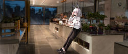 1girl absurdres alternate_costume animal_ears arknights black_pants black_shoes blue_eyes blush breasts buffet buttons ceiling_light cityscape closed_mouth commission cup double-breasted drinking_glass food full_body hand_up highres holding indoors leaning_back long_hair long_sleeves looking_away medium_breasts night one_side_up pants pixiv_commission pot rabbit_ears restaurant ru_zhai savage_(arknights) shirt shoes solo standing table tile_floor tiles very_long_hair white_hair white_shirt window wine_glass