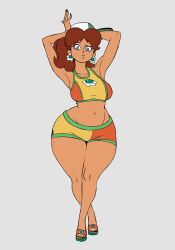 1girl absurdres armpits arms_up baseball_cap blue_eyes breasts brown_hair crossed_ankles dark-skinned_female dark_skin earrings flower_earrings freckles hat highres jewelry kseg3501 large_breasts legs mario_(series) mario_kart mario_kart_world medium_hair midriff navel nintendo parted_lips princess_daisy princess_daisy_(swimwear)_(mario_kart_world) sandals short_shorts shorts speech_bubble sports_bikini sports_bra teeth thick_thighs thighs wide_hips