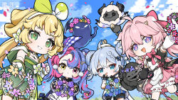 4girls absurdres ahoge blonde_hair blue_eyes blue_hair blue_sky bow chinese_commentary cloudy_(wuthering_waves) commentary_request cosmos_(wuthering_waves) day dress encore_(wuthering_waves) fingerless_gloves gloves green_dress green_eyes hair_between_eyes hair_bow heterochromia highres long_hair looking_at_viewer multiple_girls official_art outdoors pink_bow pink_eyes pink_hair roccia_(wuthering_waves) sky smile tacet_mark_(wuthering_waves) twintails verina_(wuthering_waves) white_gloves wuthering_waves yellow_eyes youhu_(wuthering_waves)