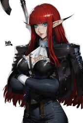 1girl absurdres ascot axe battle_axe black_capelet black_pants black_shirt blue_eyes blunt_bangs blunt_tresses breasts capelet cleavage crossed_arms frills high_collar highres hulkenberg_(metaphor:_refantazio) large_breasts long_hair long_sleeves looking_at_viewer metaphor:_refantazio pants peperon_(peperou) pointy_ears portrait red_hair shirt sidelocks solo suspenders weapon