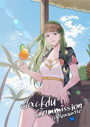 1girl against_table breasts byuub commission cup fire_emblem fire_emblem:_the_sacred_stones floral_print_shirt green_eyes green_hair holding holding_cup long_hair looking_at_viewer medium_breasts navel nintendo open_clothes open_shirt palm_tree short_shorts shorts smile solo strapless syrene_(fire_emblem) tree tube_top visor_cap white_tube_top