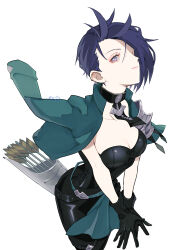 Rule 34 | 1girl, absurdres, aqua jacket, arrow (projectile), black gloves, black pants, breasts, cleavage, closed mouth, fire emblem, fire emblem: three houses, gloves, hair over one eye, highres, jacket, jacket on shoulders, large breasts, looking at viewer, medium breasts, nintendo, one eye covered, pants, purple eyes, purple hair, quiver, shamir nevrand, short hair, simple background, solo, strapless, white background, yachimata 1205