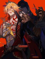 Rule 34 | 2boys, armor, black cloak, black coat, blonde hair, blood, blood drip, blood from mouth, blue eyes, braid, chest tattoo, chinese commentary, clawed gauntlets, cloak, coat, commentary request, deep wound, earrings, facial tattoo, flame reaver of the deepest dark, gold earrings, gold necklace, gradient hair, hair between eyes, hand on another&#039;s chest, highres, honkai: star rail, honkai (series), hood, hood up, hooded cloak, injury, jewelry, male focus, medium hair, multicolored hair, multiple boys, mydei (honkai: star rail), necklace, open clothes, open coat, pauldrons, phainon (honkai: star rail), red background, red hair, red tattoo, short hair, shoulder armor, side braid, simple background, single pauldron, tattoo, toned, toned male, white hair, xioyo15409643, yellow blood, yellow eyes