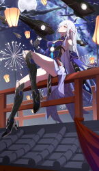 Rule 34 | 1girl, absurdres, aircraft, airship, architecture, bare shoulders, black boots, black bridal gauntlets, black gloves, blue bow, blue collar, blue dress, blue skirt, blue sleeves, boots, bow, breasts, bridal gauntlets, closed mouth, collar, commentary, cup, detached sleeves, dress, east asian architecture, fireworks, full moon, gloves, gokusaishiki (1376145360), hair bow, hand on railing, highres, holding, holding cup, honkai: star rail, honkai (series), jingliu (honkai: star rail), knee boots, lantern, long hair, looking up, medium breasts, moon, on railing, orange eyes, paper lantern, railing, sakazuki, skirt, solo, thighs