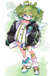 1girl ahoge antennae bandaid bandaid_on_face bandaid_on_nose blue_eyes ferumi_kaipa green_hair highres indie_virtual_youtuber jacket kumoyufo open_clothes open_jacket pointy_ears shirt shoes simple_background sticker two_side_up virtual_youtuber wings