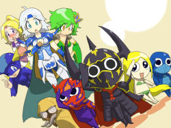 1boy 2girls bad_id bad_pixiv_id bald barbariccia blonde_hair blue_eyes blush cagnazzo cain_highwind cape cecil_harvey final_fantasy final_fantasy_iv golbez green_hair keroro_gunsou long_hair math-major multiple_girls one_eye_closed parody purple_eyes rosa_farrell rubicante rydia_(ff4) salute scarmiglione white_hair wink yellow_eyes