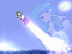 10s 1girl 2013 bad_id bad_pixiv_id bras_d&#039;honneur dated day detached_sleeves female_focus frog frog_hair_ornament gohei green_eyes green_hair hair_ornament jitome kochiya_sanae long_hair matching_hair/eyes official_style oonusa rocket shirosato skirt sky smile smoke smug snake solo touhou what wide_sleeves zoom_layer zun_(style)