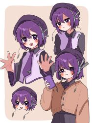 1girl beret black_sleeves blush border brown_cardigan buttons cable cardigan cellphone closed_mouth collared_shirt haru_maron hashtag-only_commentary hat highres holding holding_phone long_sleeves looking_at_viewer multiple_views necktie open_mouth outside_border parted_lips phone purple_eyes purple_hair purple_necktie shirt short_hair smartphone smile utane_uta utau white_border white_shirt