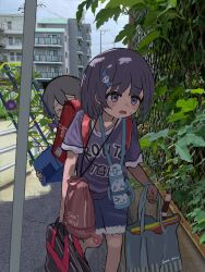 Rule 34 | 2girls, absurdres, apartment, backpack, bag, black hair, blue shirt, blue shorts, blush, building, clothes writing, commentary request, day, exhausted, flower, flower pot, hair ornament, heavy, highres, holding, holding flower pot, hot, morning glory, multiple girls, open mouth, original, outdoors, plant, potted plant, purple flower, randoseru, road, shirt, short hair, short sleeves, shorts, standing, summer, sweat, t-shirt, thermos, tree, walking, wanigumo