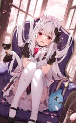 1girl :d absurdres animal_ears bell black_dress blush bow bowtie cat_ears cat_girl cat_tail chair clothes_between_thighs collared_dress dress garter_straps gloves haconect hair_ribbon highres indoors long_hair looking_at_viewer maid maid_headdress meido_shirone miyase_mahiro on_chair open_mouth red_bow red_bowtie red_eyes ribbon second-party_source sitting smile solo stuffed_animal stuffed_fish stuffed_toy tail tail_bell tail_ornament tail_ribbon thighhighs very_long_hair virtual_youtuber white_gloves white_hair white_thighhighs window