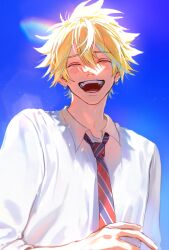 1boy absurdres blonde_hair blush closed_eyes collared_shirt commentary diagonal-striped_clothes diagonal-striped_necktie earrings facing_viewer highres jewelry kagamine_len male_focus multicolored_necktie necktie open_mouth shirt short_hair smile solo striped_clothes teeth tetorutti35 upper_body vocaloid white_shirt