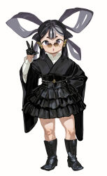 Rule 34 | 1girl, alternate costume, black boots, black gloves, black hair, black kimono, black skirt, boots, commentary request, fashion style request, flat chest, full body, glasses, gloves, grey eyes, highres, japanese clothes, kimono, leather, leather boots, leather skirt, long hair, looking at viewer, mizura, open mouth, pince-nez, quad hair rings, sakuna-hime, simple background, skirt, solo, soosaresu, tensui no sakuna-hime, v, white background, wide sleeves
