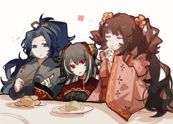 3girls aislan black_dress black_hair blue_eyes blue_hair brown_hair chinese_clothes double_bun dress drill_hair eating flower grey_hanfu hair_bun hair_flower hair_ornament hanfu high_ponytail jia_xichun_(project_moon) limbus_company lin_daiyu_(project_moon) long_hair long_sleeves looking_at_viewer multicolored_hair multiple_girls pink_hanfu ponytail project_moon red_eyes red_shrug simple_background streaked_hair twin_drills twintails upper_body white_background xue_baochai_(project_moon) yellow_flower