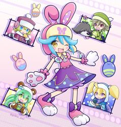 2boys 3girls ;d animal_ears animal_hands blue_hair blush_stickers boots deformed drop_shadow easter fake_animal_ears flipped_bangs fur_hat gloves hat highres knee_up krianna_(puyopuyo) looking_at_viewer lop_rabbit_ears maia_(puyopuyo) multicolored_footwear multiple_boys multiple_girls official_style oleg_(puyopuyo) one_eye_closed open_mouth outstretched_arms patterned_background paw_gloves paw_shoes pink_background pink_boots pink_shirt polka_dot polka_dot_skirt purple_skirt puyopuyo puyopuyo_quest rabbit_ears ruda_(puyopuyo) shirt sideways_glance skirt smile solo_focus standing standing_on_one_leg takazaki_piko ushanka yakov_(puyopuyo) yellow_eyes