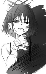 1girl bandaged_arm bandages blue_archive bruise bruise_on_face closed_mouth commentary_request ear_piercing earrings greyscale halo hoffun injury jewelry looking_at_viewer misaki_(blue_archive) monochrome piercing short_hair sketch solo