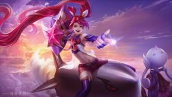 1girl alternate_costume alternate_hair_color alternate_hairstyle bare_shoulders belt black_gloves black_thighhighs bow earrings elbow_gloves fingerless_gloves gloves hair_ornament highres jewelry jinx_(league_of_legends) league_of_legends long_hair magical_girl red_bow red_eyes red_hair red_neckwear rocket short_shorts shorts star_guardian_(league_of_legends) star_guardian_jinx thighhighs twintails very_long_hair weapon