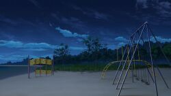 Rule 34 | beach, blue sky, cloud, cloudy sky, dark, forest, grass, highres, monkey bars, nature, night, no humans, non-web source, official art, our life: beginnings and always, outdoors, park, playground, scenery, shore, sky, swing, tree, variant set, water
