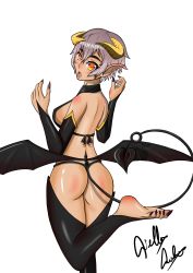 Rule 34 | absurdres, ass, black gloves, bra, demon girl, fingernails, gloves, heart, heart-shaped pupils, heart tail, highres, horns, looking back, nail polish, purple hair, demon girl, symbol-shaped pupils, tail, thighhighs, underwear, wings, yellow eyes