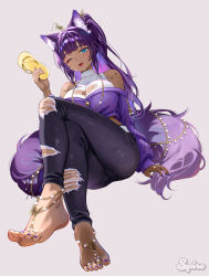 Rule 34 | 1girl, absurdres, animal ear fluff, animal ears, artist name, barefoot, barefoot sandals (jewelry), black pants, blue eyes, breasts, buttons, cardigan, cat ears, cha cha (vtuber), cleavage, cleavage cutout, clothing cutout, cropped cardigan, crossed legs, dark-skinned female, dark skin, dorsiflexion, feet, gold necklace, hair ornament, hair stick, heart cutout, highres, holding, holding sandals, indie virtual youtuber, jewelry, la chancla, lips, long sleeves, mole, mole on breast, mole under mouth, nail polish, necklace, one eye closed, pants, purple cardigan, purple hair, purple nails, ring, sandals, solo, spiro (supirou2052), tail, toenail polish, toenails, toes, torn clothes, torn pants, virtual youtuber