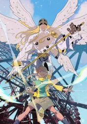 2boys absurdres angel angel_wings angemon blonde_hair blue_sky bodysuit brown_shorts commentary covered_eyes day digimon digimon_(creature) digimon_adventure_02 feathered_wings green_eyes green_jacket grey_socks hat helmet helmet_over_eyes highres holding holding_staff jacket korean_commentary looking_at_viewer male_focus multicolored_jacket multiple_boys outdoors shorts sky smile socks staff steelscarlet takaishi_takeru two-tone_jacket white_bodysuit white_hat white_wings wings yellow_jacket