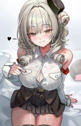 1girl absurdres ariko_(aaaaarik) azur_lane bare_shoulders black_hat black_skirt breasts brown_eyes cleavage commentary detached_sleeves drill_hair drill_sidelocks english_commentary grey_hair grin hair_bun hat heart highres large_breasts long_hair long_sleeves looking_at_viewer luetzow_(azur_lane) miniskirt parted_lips shirt sidelocks sideways_hat single_side_bun sitting skirt sleeves_past_wrists smile solo white_shirt