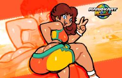 ass ass_freckles bikini bikini_shorts blue_eyes body_freckles bracelet brown_hair brycecarringto5 butt_crack dark-skinned_female dark_skin earrings freckles huge_ass jewelry looking_back mario_(series) mario_kart mario_kart_world nintendo open_mouth princess_daisy princess_daisy_(swimwear)_(mario_kart_world) shorts sports_bikini v