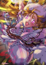 1girl alena_(dq4) animal_ears arm_up bell blue_bow blue_eyes bow bright_pupils cat_day cat_ears cat_tail colored_eyelashes commentary_request curly_hair dragon_quest dragon_quest_iv dragon_quest_walk dress fake_animal_ears fake_claws fake_tail floating_clothes floating_hair frills garter_straps hat hat_bow heart highres incoming_attack long_hair looking_at_viewer motion_lines multicolored_bow multicolored_eyes neck_bell official_alternate_costume open_mouth orange_hair pink_bow pink_dress pink_eyes pink_garter_straps pink_hat pink_thighhighs shey93735903 solo speed_lines striped_clothes striped_thighhighs tail tail_bell tail_bow tail_ornament teeth thighhighs vertical-striped_clothes vertical-striped_thighhighs white_bow white_pupils white_thighhighs white_trim
