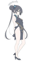 1girl arm_behind_back bare_shoulders black_dress black_gloves black_hair black_shoes blue_archive breasts bun_with_braided_base butterfly_hair_ornament china_dress chinese_clothes closed_mouth commentary covered_navel double_bun dragon_print dress full_body gloves grey_eyes grey_halo hair_bun hair_ornament halo high_heels highres kisaki_(blue_archive) long_hair pelvic_curtain print_dress shoes simple_background sleeveless sleeveless_dress small_breasts solo standing t1kosewad thighs twintails white_background