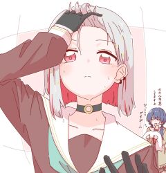 2girls :d =_= aqua_neckerchief black_choker black_gloves blue_hair blue_ribbon blush border brown_cardigan brown_dress cardigan choker closed_eyes closed_mouth colored_inner_hair commentary_request dress frown gloves grey_hair hair_ornament hair_ribbon half_gloves hasu_no_sora_school_uniform highres holding holding_towel link!_like!_love_live! long_sleeves looking_at_viewer love_live! low_twintails medium_dress mole mole_on_neck momiji_(moj_0404) multicolored_hair multiple_girls murano_sayaka neckerchief o-ring o-ring_choker open_cardigan open_clothes open_mouth outside_border pink_background pink_eyes pleated_dress red_hair red_neckerchief ribbon sailor_collar sailor_dress school_uniform short_hair simple_background smile solo_focus standing star_(symbol) star_hair_ornament straight-on streaked_hair sweat sweatdrop towel twintails virtual_youtuber white_border white_sailor_collar winter_uniform yugiri_tsuzuri