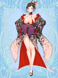 1girl blue_background blush breasts character_request comb dairoku_ryouhei fuji_(tw) full_body gradient_eyes hair_ornament hair_stick hair_up highres japanese_clothes kimono large_breasts long_neck looking_at_viewer multicolored_eyes print_kimono range_eyes short_hair socks solo standing white_socks