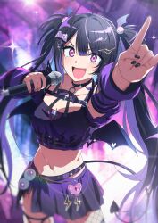 1girl \n/ absurdres belt black_hair black_nails blurry blurry_background breasts commentary commission commissioner_upload demon_tail demon_wings fang hair_ornament hairclip highres holding holding_microphone idol_corp microphone misaki_nonaka navel open_mouth purple_eyes purple_hair purple_skirt roca_rourin_(vtuber) skeb_commission skirt small_breasts tail twintails virtual_youtuber wings