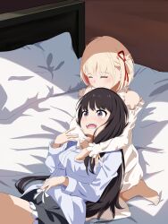 2girls barefoot black_shorts blonde_hair blush closed_eyes closed_mouth commentary_request hair_ribbon highres hug hug_from_behind inoue_takina long_sleeves lycoris_recoil medium_hair multiple_girls nana_yozuki nishikigi_chisato off-shoulder_shirt off_shoulder on_bed one_side_up open_mouth pillow purple_eyes red_ribbon ribbon shirt shorts smile sweatdrop toes white_shirt yuri