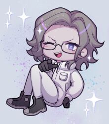 1boy aotsuki_eito black_gloves black_shoes blue_eyes glasses gloves grey_background grey_hair jacket male_focus one_eye_closed open_mouth pants parted_hair pointing pointing_at_viewer shoes simple_background solo solo_focus teeth the_hundred_line_-last_defense_academy- tongue upper_teeth_only white_jacket white_pants wink