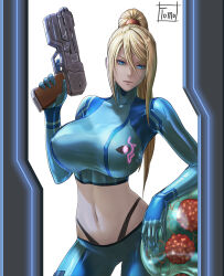 1girl absurdres alien artist_name blonde_hair blue_bodysuit blue_eyes bodysuit breasts closed_mouth commentary_request covered_collarbone covered_erect_nipples covered_navel gun hair_between_eyes hair_tie hand_up handgun high_ponytail highres holding holding_gun holding_weapon holster large_breasts lips long_hair long_sleeves looking_at_viewer metroid metroid_(creature) metroid_larva midriff mole mole_under_mouth navel nintendo open_door paralyzer ponytail samus_aran shiny_clothes sidelocks signature skin_tight thong tomo_eokaiteru trigger_discipline turtleneck weapon white_background zero_suit