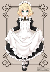 1girl apron black_dress black_shoes blonde_hair center_frills closed_mouth collared_dress commentary_request curtsey dress english_text frilled_dress frills full_body gochuumon_wa_usagi_desu_ka? green_eyes grey_background highres juliet_sleeves kirima_syaro long_sleeves looking_at_viewer maid maid_apron maid_headdress mitya pantyhose puffy_sleeves shoes sleeves_past_wrists smile solo standing twitter_username watermark white_apron white_pantyhose