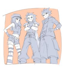 1girl 2boys armor baggy_pants bare_shoulders belt bervens12 biggs_(ff7) blue_eyes border breasts brown_eyes buttons cropped_vest cross_scar crossed_arms double-breasted facial_hair facial_scar fang fang_out feet_out_of_frame final_fantasy final_fantasy_vii final_fantasy_vii_rebirth final_fantasy_vii_remake hands_on_own_hips hat highres jacket kyrie_canaan long_hair looking_at_viewer medium_breasts midriff multiple_belts multiple_boys navel newsboy_cap orange_background pants pauldrons scar scar_on_cheek scar_on_face sharp_teeth short_hair short_shorts shorts shoulder_armor sketch sleeveless sleeveless_turtleneck soul_patch striped_clothes striped_thighhighs stubble suspenders swimsuit teeth thighhighs tongue tongue_out turtleneck vest weapon weapon_on_back white_border zack_fair