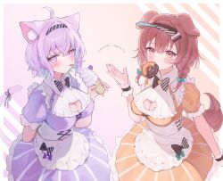 2girls absurdres ahoge animal_ear_fluff animal_ears apron bow bowtie braid breasts brown_eyes brown_hair cat_ears cat_tail chocolate_donut cleavage cleavage_cutout clothing_cutout dog_ears dog_tail donut double-parted_bangs dress food food_in_mouth frilled_dress frilled_wrist_cuffs frills gradient_background hair_between_eyes hairband highres holding holding_ice_cream_cone hololive ice_cream_cone inugami_korone large_breasts looking_at_viewer low_twin_braids maid maid_apron multiple_girls nekomata_okayu nishiro_hato puffy_short_sleeves puffy_sleeves purple_eyes purple_hair short_sleeves sidelocks striped_bow striped_bowtie striped_clothes tail tongue tongue_out twin_braids underbust virtual_youtuber visor_cap waist_apron wrist_cuffs yellow_dress