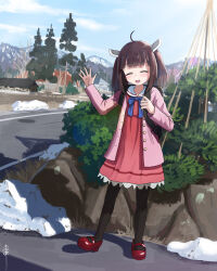 1girl ahoge backpack bag black_hair black_pantyhose blue_ribbon blush bush closed_eyes commentary_request day dress facing_viewer highres holding_strap house jacket knife_hair_ornament legs_apart mountainous_horizon neck_ribbon outdoors pantyhose pink_jacket randoseru red_dress red_shoes ribbon road rock scenery shadow shoes short_twintails signature smile snow solo standing tateyuki touhoku_kiritan tree twintails voiceroid waving winter