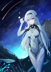 1girl absurdres black_bow blush bodysuit bow breasts closed_mouth covered_navel firefly_(ar-26710)_(honkai:_star_rail) firefly_(honkai:_star_rail) grey_hair hae_2429 hair_between_eyes highres honkai:_star_rail honkai_(series) large_breasts long_hair looking_at_viewer mecha_pilot_suit official_alternate_costume pink_eyes shooting_star smile solo white_bodysuit