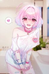 1girl ahoge bandaid bandaid_on_arm bandaid_on_thigh bangle belt belt_collar blue_hair blue_wrist_cuffs blurry blurry_background blush bob_cut bracelet breasts broken_heart choker collar collarbone colored_inner_hair commentary dot_nose earrings fang glint hair_between_eyes hair_intakes heart heart-shaped_lock heart-shaped_ornament heart_collar heart_in_eye highres idolmaster idolmaster_cinderella_girls idolmaster_cinderella_girls_starlight_stage indoors jewelry large_breasts lektea light_particles looking_at_viewer medium_hair messy_hair multicolored_hair off-shoulder_shirt off_shoulder open_mouth pill_earrings pink_bandaid pink_belt pink_choker pink_collar pink_eyes pink_hair pink_skirt pink_wrist_cuffs plant revision ring shirt shirt_tug short_sleeves single_bare_shoulder skeleton_print skirt solo spoken_heart stuffed_toy sweat symbol-only_commentary symbol_in_eye t-shirt thighs too_many_bandaids two-tone_hair wavy_mouth wrist_cuffs wristband yumemi_riamu