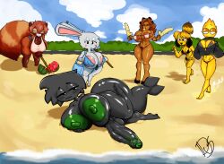 1futa 5girls absurdres ass beach black_skin breasts colored_skin dog duski_(duskizi) duskizi fire food fruit furry furry_female futanari goat green_skin highres huge_areolae huge_ass huge_breasts huge_penis large_areolae large_breasts large_nipples long_hair multiple_girls nipples penis rabbit red_panda sand shark short_hair thick_thighs thighs watermelon white_fur wide_hips